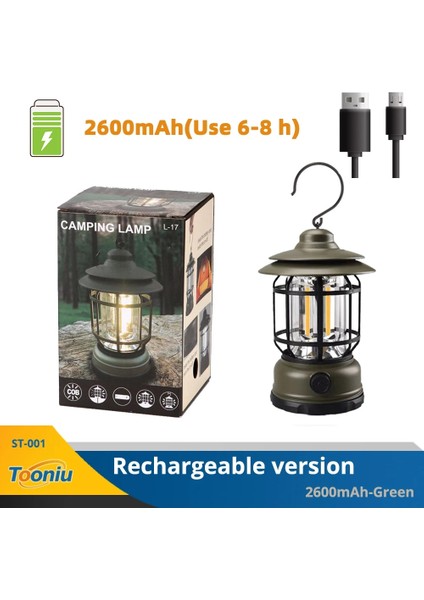 YEŞIL-2600MAH Şarj Edilebilir Fener Kamp Çadırı Seyahat El Feneri Dış Aydınlatma Lamba Ekipmanları Taşınabilir Işıklar Destek Karartma (Yurt Dışından)