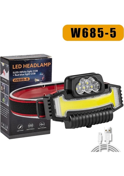 W685-5 Çok Işlevli Far Led+Cob Işıklandırmalı Güçlü Işıklı Uzun Huzmeli Far Dış Mekan Balıkçılığı Için Tip-C Şarj Edilebilir Işık Fener (Yurt Dışından)