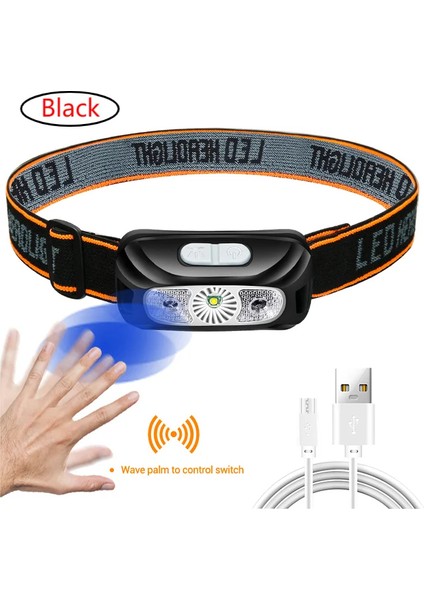 Siyah LED Far Vücut Hareket Sensörü Far USB Şarj ile Ah Kamp El Feneri Başkanı Işık Torch Lambası (Yurt Dışından)