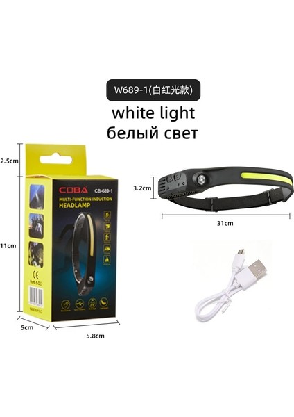 W689-1-1 Dahili Pil Torchlu Cob LED Far Indüksiyon Far USB Şarj Edilebilir Far Torch Çoklu Aydınlatma Modları Çalışması (Yurt Dışından)