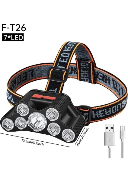 F-T26-7LED USB Şarj Edilebilir LED Far Süper Parlak 5 Çalışma Modu Far Gece Balıkçılık Yürüyüş Için Su Geçirmez Kafaya Monte El Feneri (Yurt Dışından)