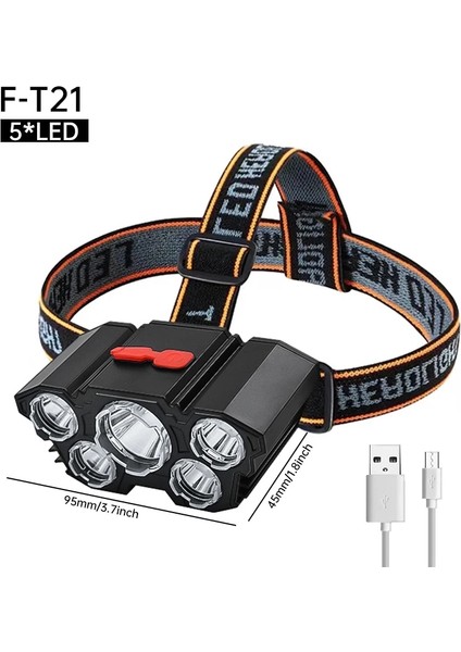 F-T21-5LED USB Şarj Edilebilir LED Far Süper Parlak 5 Çalışma Modu Far Gece Balıkçılık Yürüyüş Için Su Geçirmez Kafaya Monte El Feneri (Yurt Dışından)