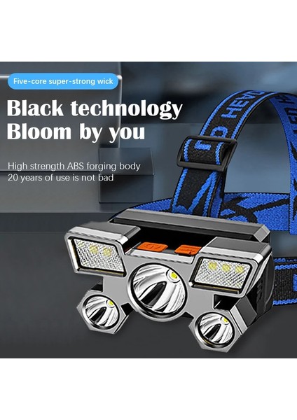 Mavi LED Beş Kafalı Far Güçlü Işık Süper Parlak Şarj Edilebilir Balıkçılık Lambası Uzun Menzilli Kafaya Monte Mayın Lambası El Feneri (Yurt Dışından) modelleri