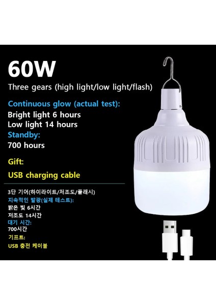 60W Kamp Işık Şarj Edilebilir Ampul Taşınabilir Kamp Ekipmanları Işık Dış Aydınlatma Çadır Balıkçılık Fener Acil Işık LED Ev (Yurt Dışından)