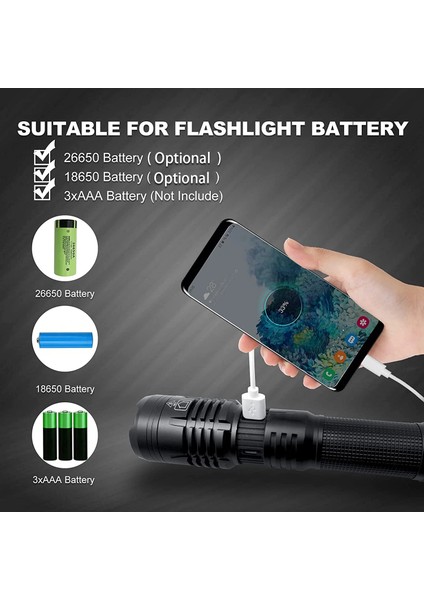 2000MAH-18650 Tarzı XHP120-B Yüksek Güçlü XHP120 LED El Feneri Süper Parlak Zumlanabilir Taktik El Feneri Pil USB Şarj Edilebilir Tch (Yurt Dışından)