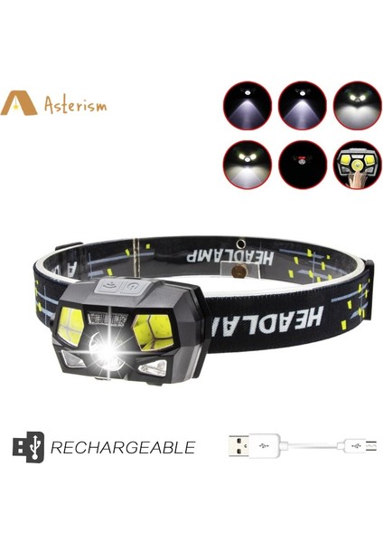 Siyah USB Şarj Edilebilir Far El Feneri 800 Lümen Parlak LED Kafa Lambası Kırmızı Işık Hareket Sensörü Başkanı Işık Balıkçılık Yürüyüş Koşu (Yurt Dışından)