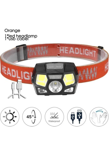 Turuncu Lümen LED Far Süper Parlak Hareket Sensörü Eller Serbest Güçlü Far USB Şarj Edilebilir Kafa Lambası Işığı Su Geçirmez (Yurt Dışından)