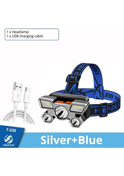 Gümüş LED Beş Kafalı Far Güçlü Işık Süper Parlak Şarj Edilebilir Balıkçılık Far Uzun Menzilli Kafaya Monte Mayın Lambası El Feneri (Yurt Dışından)