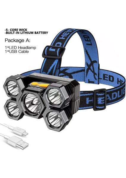 H2205 5 LED Far Şarj Edilebilir Güçlü Kafa Lambası Dahili Pil ile Açık Kamp Far Başkanı El Feneri Başkanı Işık (Yurt Dışından)