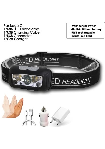 C Body Motion Senslm Mini LED Far USB Şarj Edilebilir Far Beyaz + Kırmızı Modu Kamp El Feneri Başkanı Işık Lambası (Yurt Dışından)