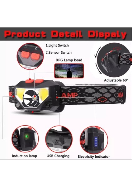 Far USB Şarj Edilebilir LED Hareket Sensörü El Feneri Kırmızı Işık ile 6 Mod Dahili Pil ile Su Geçirmez Işık (Yurt Dışından) modelleri