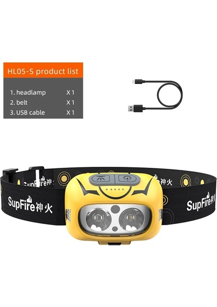 HL05-S Superfıre HL05-S Güçlü LED Far Sarıbeyaz Işık Kamp Fener Hareket Sensörü Şarj Edilebilir Kademesiz Karartma Kafa Lambası (Yurt Dışından)