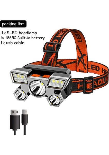 Turuncu 5 LED Far Şarj Edilebilir Güçlü Kafa Lambası Dahili Pil ile Açık Kamp Far Başkanı El Feneri Başkanı Işık (Yurt Dışından)