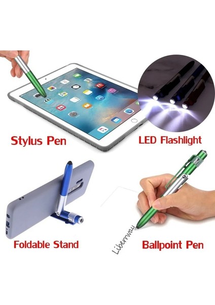 Mavi 4'ü 1 Arada Metal Stylus Çok Fonksiyonlu Kapasitif Kalem, LED El Feneri + Telefon Tutucu + Kapasitif Stylus + Tükenmez Kalemler (Yurt Dışından) indirimleri