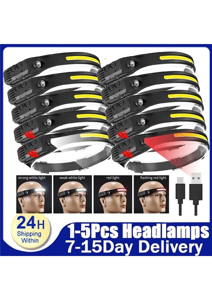 Kırmızı 1-Ob LED Far Sensörü Far El Feneri Silikon USB Şarj Edilebilir Kafa Lambası Torch Açık Kamp Balıkçılık Çalışma Işığı (Yurt Dışından)