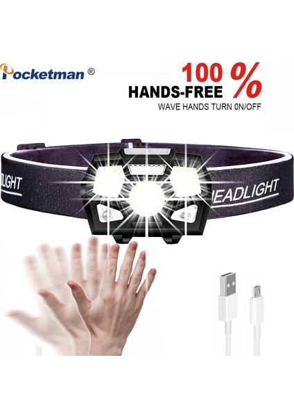 Süper Parlak LED Far Hareket Sensörü Sert Şapka Kafa Lambası Güçlü Far USB Şarj Edilebilir Su Geçirmez El Feneri (Yurt Dışından)