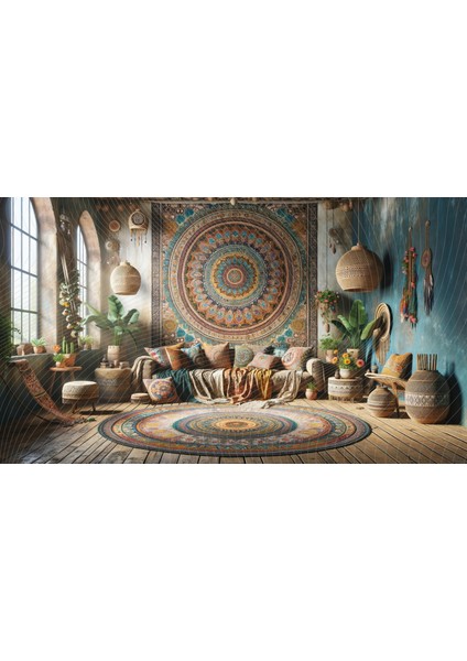 Bohem Tarzı Mandala Desenli Arkaplan 200 x 150 cm Fon Duvar Örtüsü