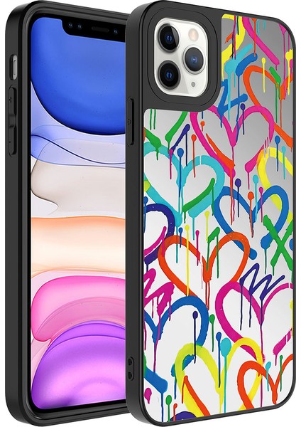 Alan Tech iPhone 11 Pro Max Uyumlu Aynalı Desenli Kamera Korumalı Parlak Zore Mirror Kapak-Kalp