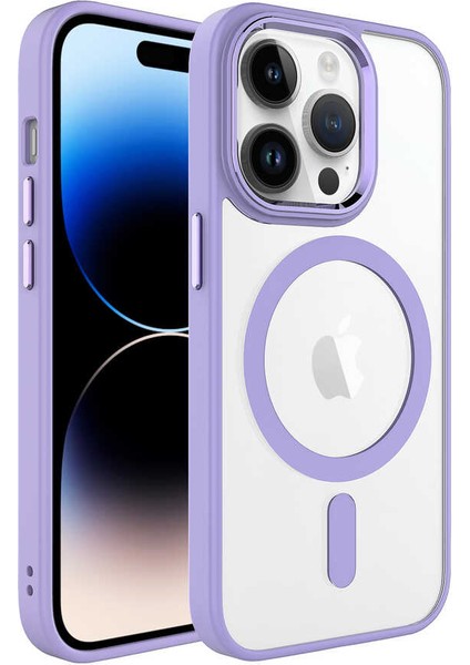 Alan Tech iPhone 14 Pro Max Uyumlu Wireless Şarj Özellikli Zore Krom Magsafe Silikon Kapak-Lila