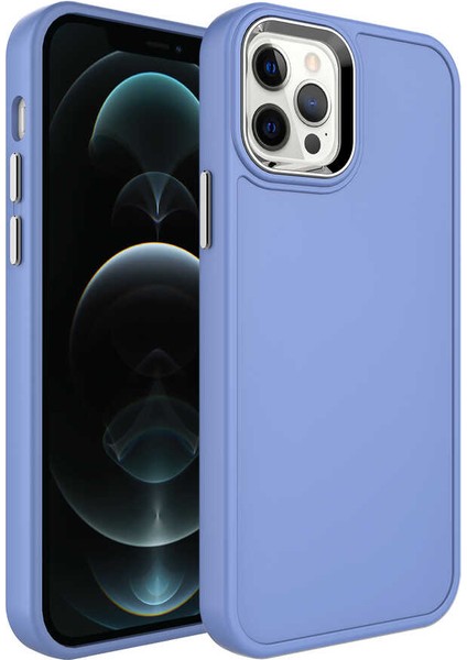 iPhone 12 Pro Max Uyumlu Metal Çerçeve ve Buton Tasarımlı Sert Zore Botox Kapak-Lavendery Gray