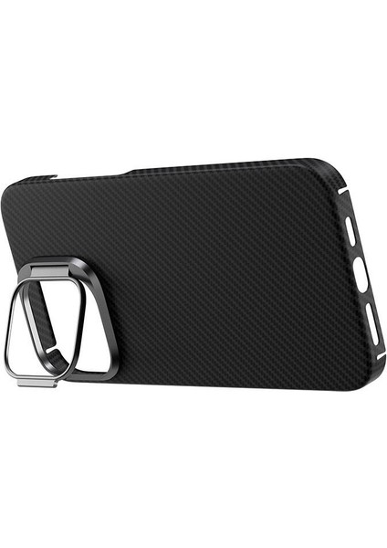 iPhone 15 Pro Max Zore Magsafe Şarj Özellikli 600D Kevlar Zore Krek Karbon Standlı Kapak-Siyah
