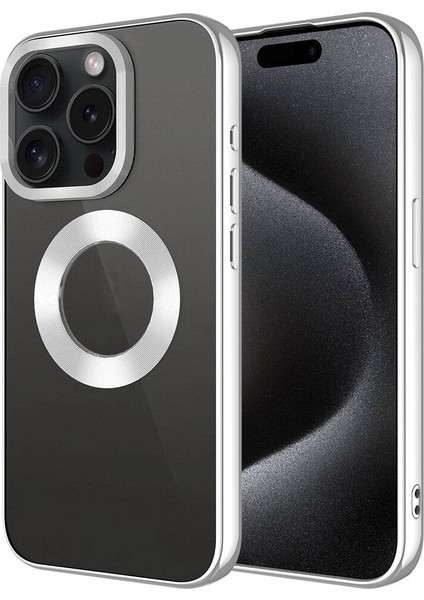 Alan Tech iPhone 15 Pro Uyumlu Tek Kamera Çerçeveli Logo Gösteren Zore Omega Kapak-Gümüş