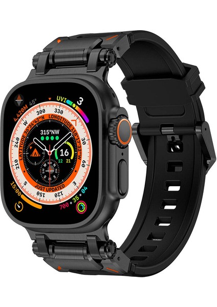 Watch Ultra 49MM Uyumlu Zore KRD-101 Titanyum Metal Başlıklı Silikon Kordon-Siyah