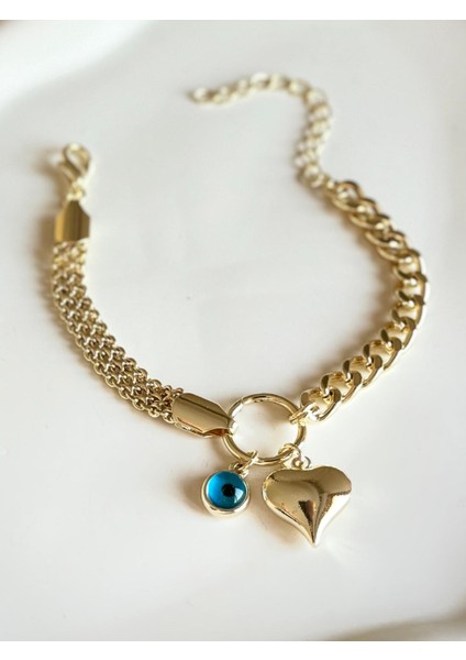 Kadın Bileklik 14K Altın Rengi Hasır Zincir Kalp Boncuk Bileklik