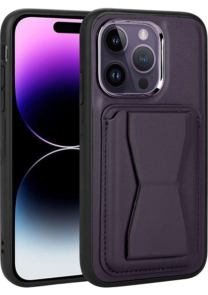 Alan Tech iPhone 14 Pro Uyumlu Kartlıklı Standlı ​pu Deri Zore Memo Kapak-Koyu Mor