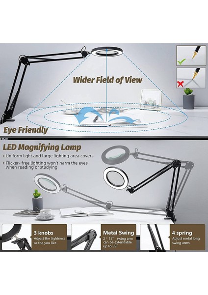 Sant Kuee Işıklı ve Braketli Büyüteç, 3 Renk Modu Kademesiz Kısılabilir LED Masa Lambası, Okuma ve Tamir Için Kullanılır (Yurt Dışından)