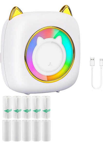 Mini Etiket Yazıcısı Rgb Işıklı Cep Mürekkepsiz Termal Yazıcı, 10 Rulo Termal Kağıt, Fotoğraf Notları Not Beyazı Için (Yurt Dışından)