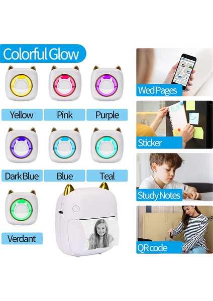 Mini Etiket Yazıcısı Rgb Işıklı Cep Mürekkepsiz Termal Yazıcı, 10 Rulo Termal Kağıt, Fotoğraf Notları Not Beyazı Için (Yurt Dışından)