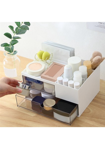 2 Çekmeceli ve 4 Bölmeli Masa Düzenleyici, Plastik Makyaj Saklama Kutusu, Vanity Organizer, Masa Düzenleyici (Yurt Dışından)