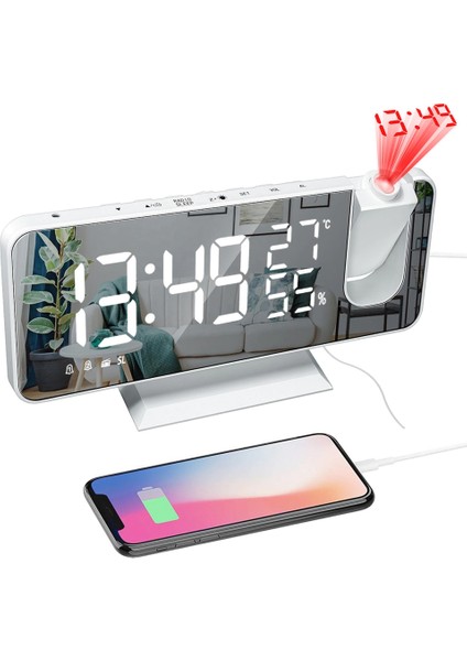 Radyo LED Dijital Akıllı Çalar Saat Saat Masası Elektronik Masaüstü Saatleri 180° Projeksiyon Süresi ile USB Erteleme Beyaz (Yurt Dışından) fırsatları
