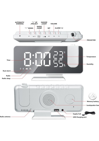 Radyo LED Dijital Akıllı Çalar Saat Saat Masası Elektronik Masaüstü Saatleri 180° Projeksiyon Süresi ile USB Erteleme Beyaz (Yurt Dışından) indirimleri
