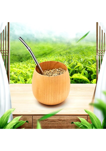 Ahşap Yerba Mate Çay Seti El Yapımı Doğal Ahşap Kahve Su Mate Kaşıklı Bardak Bombilla Fırça 200 ml (Işık) (Yurt Dışından)