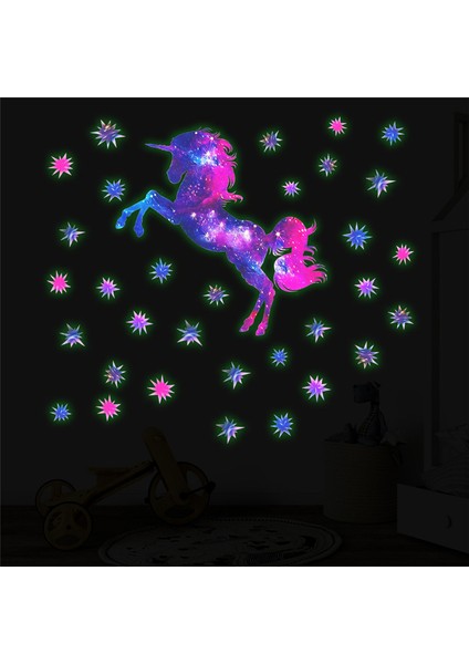 Bordo Tarzı Mor Yıldızlı Gökyüzü Karanlıkta Glow Unicorn Duvar Sticker Çocuk Odası Ev Dekor Kız Yatak Odası Aydınlık Unicorn Floresan Çıkartması (Yurt Dışından) fiyatları