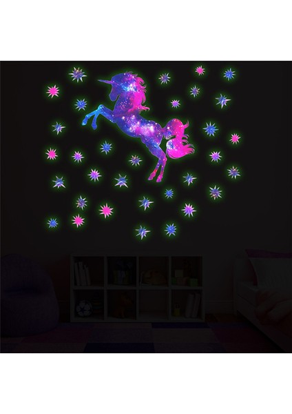 Bordo Tarzı Mor Yıldızlı Gökyüzü Karanlıkta Glow Unicorn Duvar Sticker Çocuk Odası Ev Dekor Kız Yatak Odası Aydınlık Unicorn Floresan Çıkartması (Yurt Dışından) fırsatları