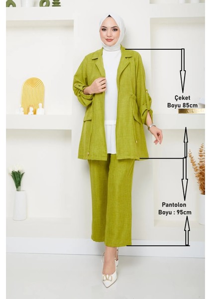 Beli Bağlamalı Çeket ve Pantolonlu Keten Takım fırsatları