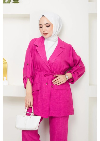 Beli Bağlamalı Çeket ve Pantolonlu Keten Takım fiyatları