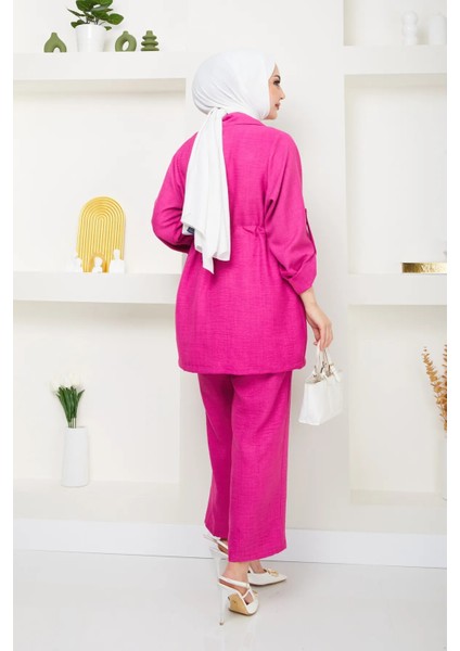 Beli Bağlamalı Çeket ve Pantolonlu Keten Takım modelleri