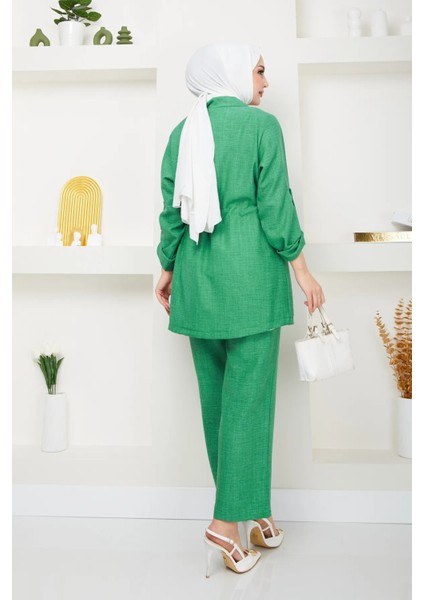 Beli Bağlamalı Çeket ve Pantolonlu Keten Takım modelleri