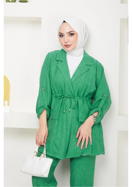 Beli Bağlamalı Çeket ve Pantolonlu Keten Takım fırsatları