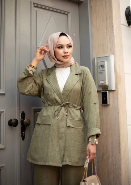 Beli Bağlamalı Çeket ve Pantolonlu Keten Takım fiyatları