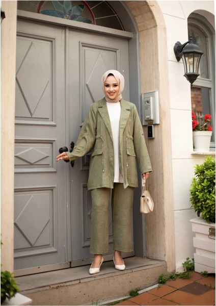 Beli Bağlamalı Çeket ve Pantolonlu Keten Takım indirimleri