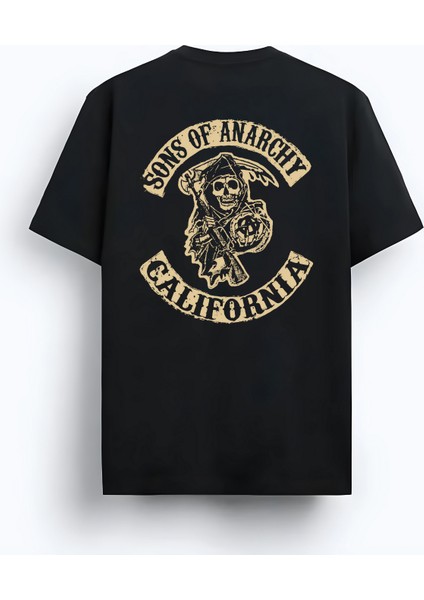 Unisex Oversize Bisiklet Yaka Sons Of Anarchy Baskılı Kısa Kollu Siyah Tişört