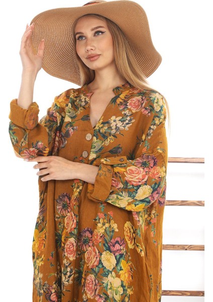 Bohomiyan Büyük Beden İtalyan Uzun Dijital Çiçek Baskılı Keten V Yaka Gömlek Elbise fiyatları