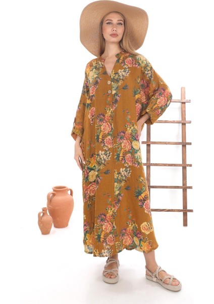 Bohomiyan Büyük Beden İtalyan Uzun Dijital Çiçek Baskılı Keten V Yaka Gömlek Elbise modelleri