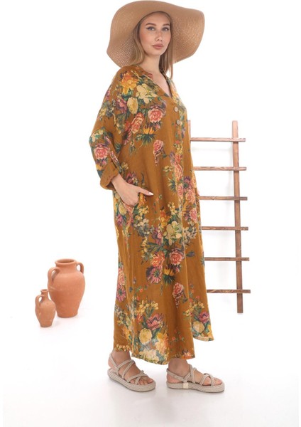 Bohomiyan Büyük Beden İtalyan Uzun Dijital Çiçek Baskılı Keten V Yaka Gömlek Elbise fırsatları