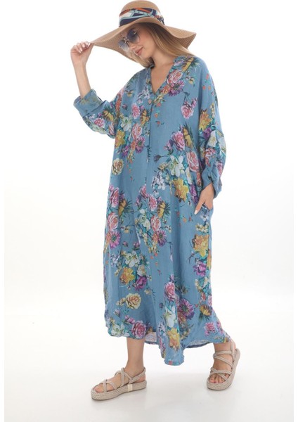 Bohomiyan Büyük Beden İtalyan Uzun Dijital Çiçek Baskılı Keten V Yaka Gömlek Elbise